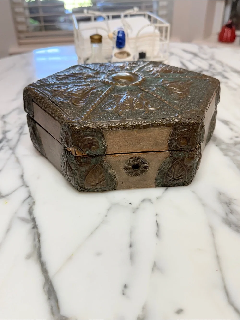 Antique Brass & Wood Ornate Hexagonal Decorative Trinket Box from Czech Republic